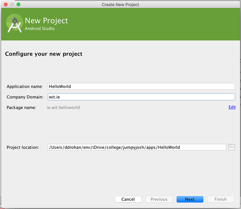 Figure 2: Change default project name to HelloWorld, provide a company domain and project location