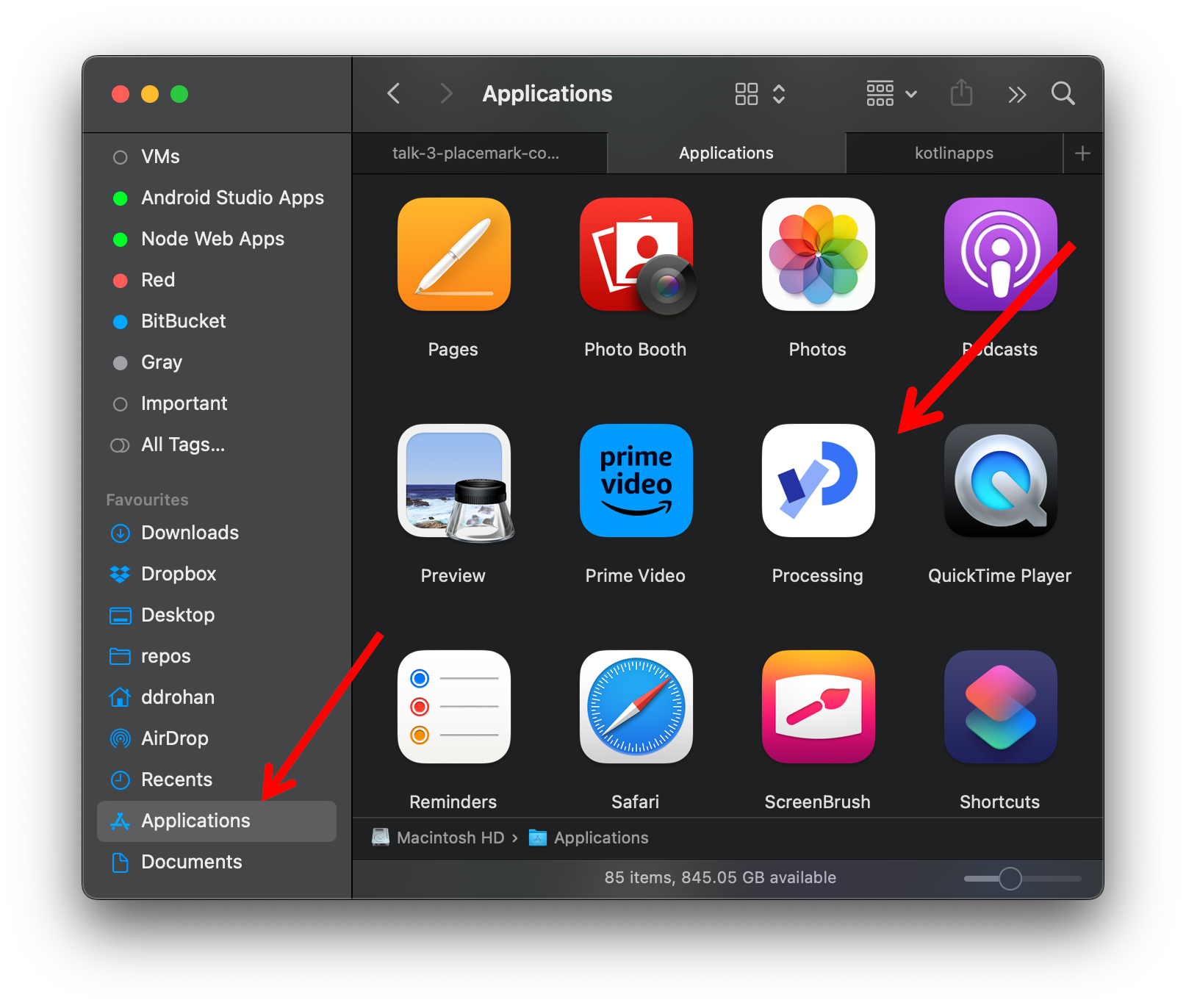 The Processing application in the Applications Folder (Mac)