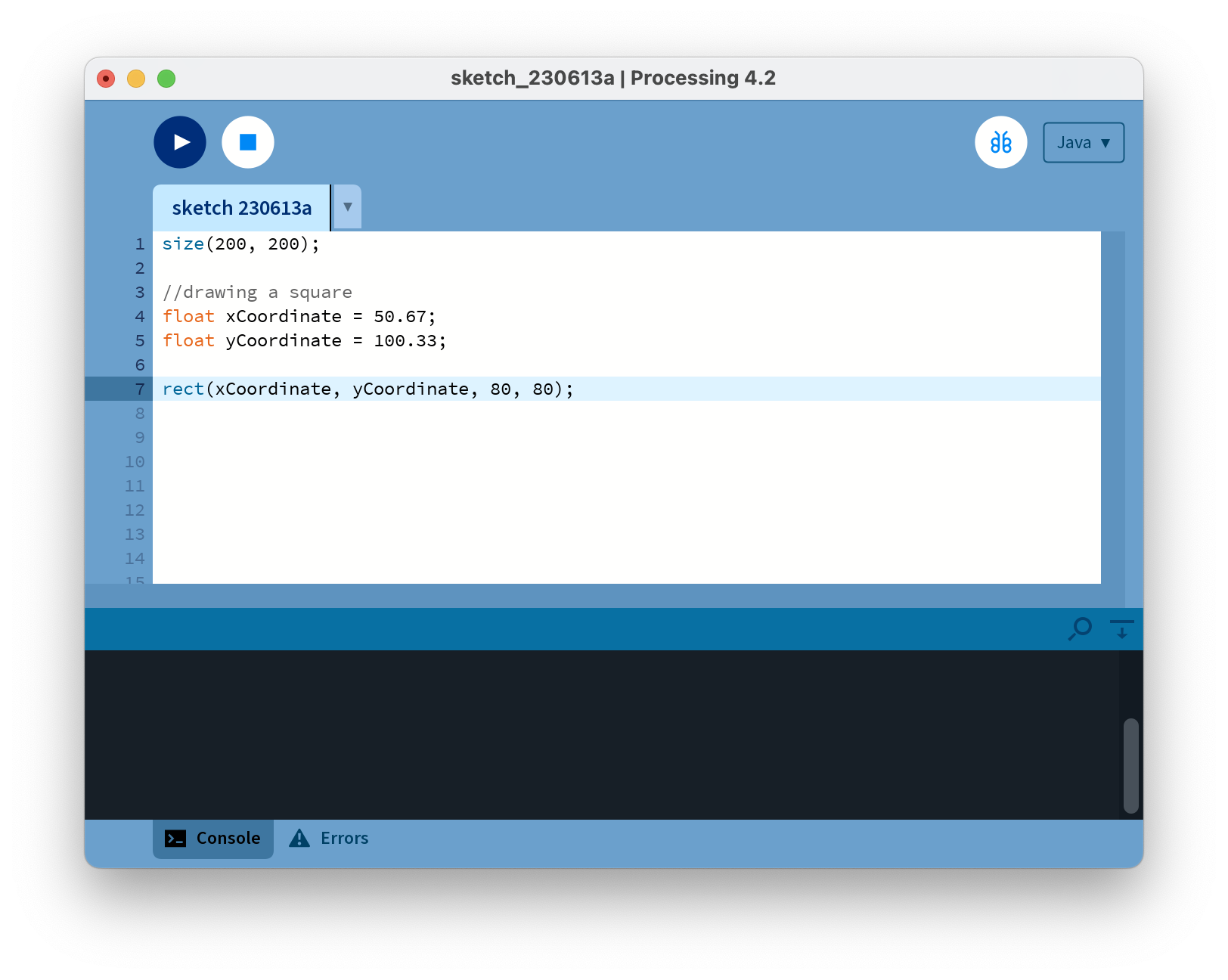 Using the float data type to set the coordinates of a square