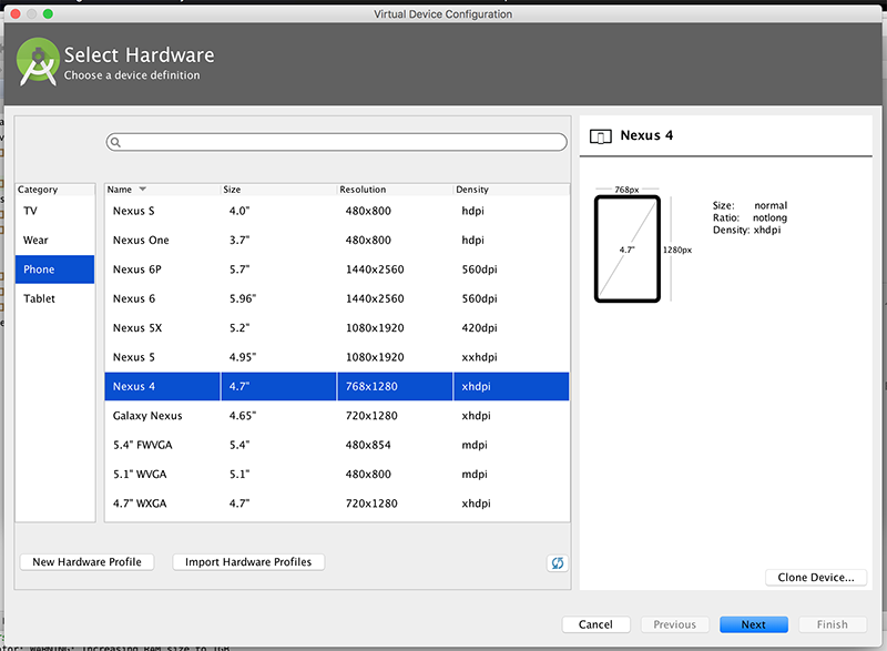 Figure 10: Select Hardware (Nexus 4 here)